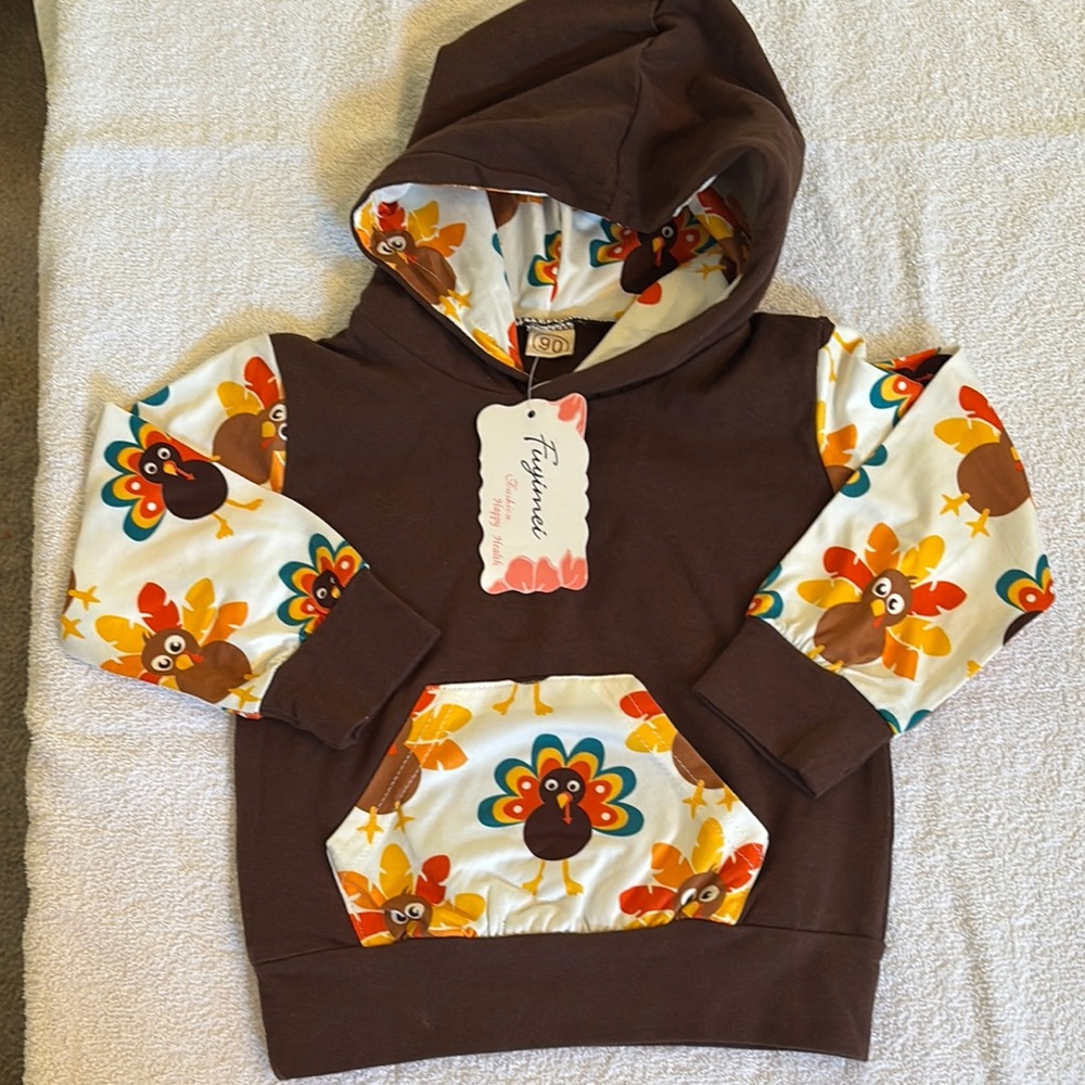 NWT Fuyiei Brown Turkey Print Kids Hoodie